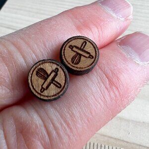 Wooden Earrings with Whip and Rolling Pin